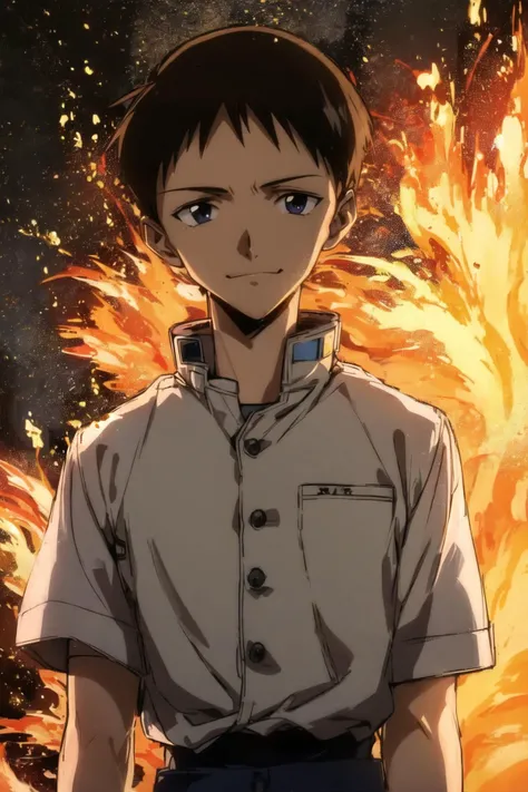 (1boy:1.2), yo shinji ikari, neon genesis evangelion, dark hair, smirking, looking at viewer, school uniform, white shortsleeve shirt, vibrant colors, (fire, explosions in the background:1.2)