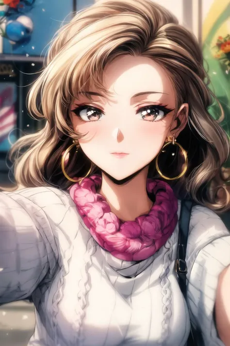 1woman, in her thirties, capturing herself in a cozy oversized sweater, with loose waves adorned with flowers in striking platinum. Her expressions range from a playful wink, adding personality to each shot. The background is a vibrant street mural, reflecting her lifestyle or interests. She accessorizes with oversized hoop earrings, enhancing the selfie's visual appeal. Each photo features creative angles to capture her in the casual, intimate style of a selfie, while still flaunting the distinctive flair of 90s anime, midjourney, (masterpiece:1.2), best quality <lora:add_detail:0.90><lora:xl_more_art-full_v1:0.8><lora:DreamARTSDXL:0.8> <lora:midjourney_20230624181825:0.4>