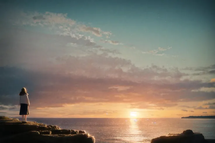 Woman standing on cliff staring at horizon, sparkly ocean landscape background, HDRI, 8K