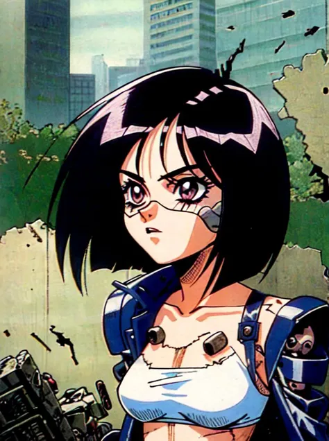 1990s \(style\), retro artstyle, 1girl, solo, fringe, black frizzy hair, upper body, cyborg, cyborg seams, metal armour, torn jacket, metal bits, complicated hardware, \(battle angel alita style), destroyed city background, <lora:robot-seams:0.6>