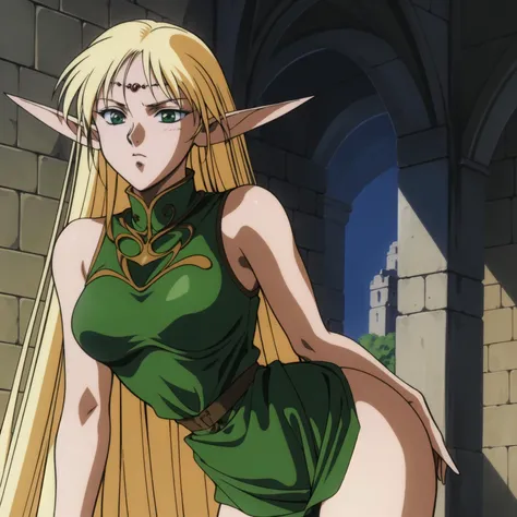 fantasy, medieval, outside, (masterpiece, best quality, absurdres, 8k) 1990s \(style\), yuuki nobuteru, anime screencap, 1girl, solo, Deedlit, blonde hair, very long hair, elf, pointy ears, green eyes, green sleeveless dress, short dress, large breasts, <lora:yuuki_nobuteru_offset:0.3>, <lora:Deedlitv10:0.3>