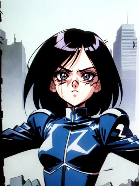1990s \(style\), retro artstyle, 1girl, solo, fringe, black frizzy hair, upper body, cyborg, cyborg seams, metal armour, torn jacket, metal bits, complicated hardware, \(battle angel alita style), destroyed city background, <lora:robot-seams:0.6>