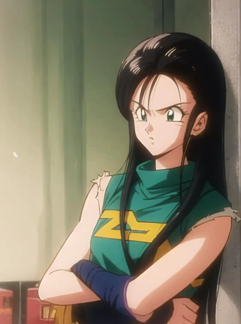 1990s \(style\), \(dragonball z\), <lora:add_detail:0.3>, 1girl, solo, very long hair, torn clothes, torn legwear, upper body