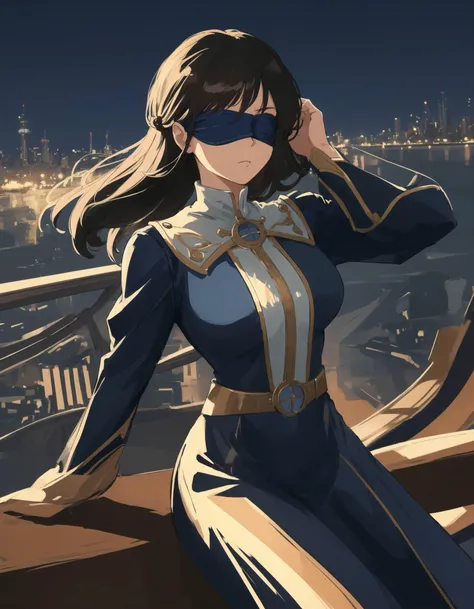 1980S (STYLE) , RETRO ARTSTYLE, Airbrush painting, Rule of Thirds, Fashion shot of a Atmospheric Empire (Woman:1.3) , wearing deep blue Casual wear, Hands above the head, Hypnotic hair, Lob hairstyle, Dutch Horseshoe Mustache, Blindfold, Superficial city, at Twilight, split diopter, Steampunk Art, F/8, cosmic energy, Film grain, extremely detailed CG Unity 8k wallpaper, (masterpiece:1.2) (best quality:1.2) (detailed) (intricate) (8k) (HDR) (cinematic lighting)