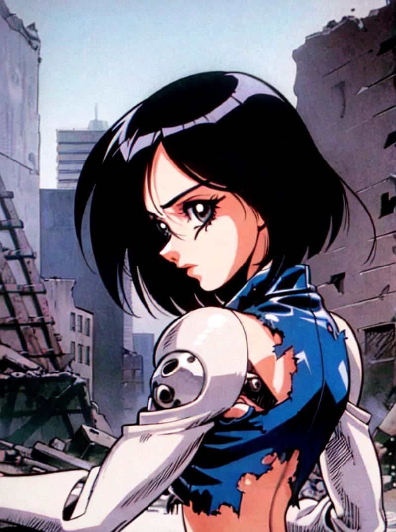 1990s \(style\), retro artstyle, 1girl, solo, fringe, black frizzy hair, upper body, cyborg, cyborg seams, metal armour, torn jacket, metal bits, complicated hardware, \(battle angel alita style), destroyed city background, <lora:robot-seams:0.6>, rear view