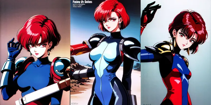 (1990s \(style\), 90s \(style\), 1980s \(style\), 80s \(style\), retro artstyle), (otherworldly, otherworldly atmosphere, otherworldly appearance), highly insanely detailed, masterpiece, top quality, best quality, highres, 4k, 8k, RAW photo, iria \(iria zeiram the animation\), iria zeiram the animation, 1girl, solo, looking at viewer, short hair, bangs, brown hair, red eyes, gloves, holding, jewelry, medium breasts, upper body, red hair, earrings, parted lips, black gloves, hand up, armor, mole, character name, dated, lips, mole under eye, bodysuit, makeup, shadow, cover, lipstick, cover page, shoulder armor, skin tight, pauldrons, blue bodysuit, holding whip, (fantasy world)