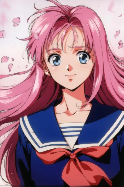 mylene jenius, 1girl, solo, long hair, looking at viewer, smile, bangs, blue eyes, long sleeves, bow, closed mouth, school uniform, green eyes, upper body, pink hair, serafuku, bowtie, sailor collar, black eyes, petals, floating hair, blue bow, hair intakes, cherry blossoms, blue bowtie, retro artstyle, 1990s \(style\)