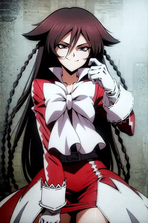 <lora:Alice:1>, (exceptional, best aesthetic, new, newest, best quality, masterpiece, extremely detailed), 1girl, solo, pandora_alice, smile, smug, looking_at_viewer, red_dress, skirt, bow, white_gloves, braid, purple eyes, sitting, legs folded, purple eyes,