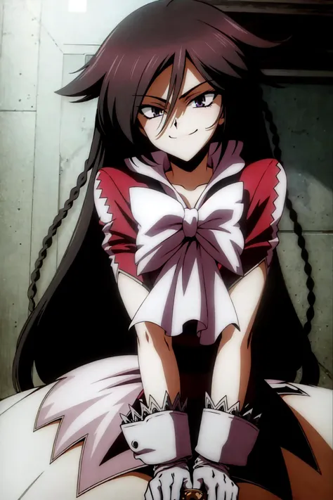 <lora:Alice:1>, (exceptional, best aesthetic, new, newest, best quality, masterpiece, extremely detailed), 1girl, solo, pandora_alice, smile, smug, looking_at_viewer, red_dress, skirt, bow, white_gloves, braid, purple eyes, sitting, legs folded, purple eyes,