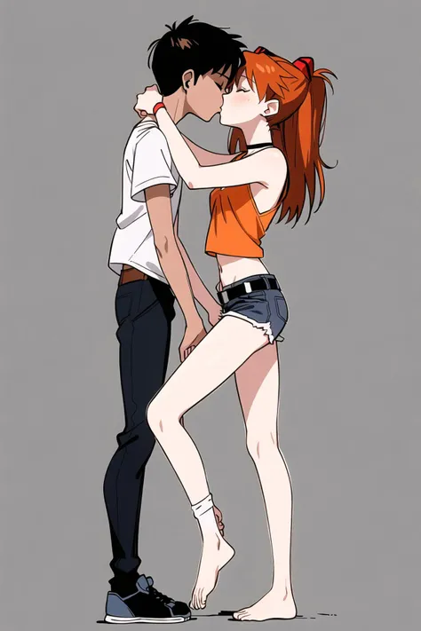 souryuu asuka langley, ikari shinji, 1girl, 1boy, kiss, long hair, breasts, blush, short hair, simple background, brown hair, shirt, black hair, hair ornament, white background, navel, standing, full body, closed eyes, white shirt, short sleeves, hetero, pantyhose, shorts, barefoot, sleeveless, choker, socks, midriff, belt, pants, orange hair, from side, two side up, legs, bare arms, short shorts, bare legs, black pants, white footwear, tank top, couple, denim, camisole, denim shorts, tiptoes, earphones, interface headset, earbuds