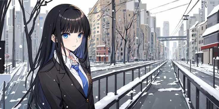 (masterpiece:1.2), best quality,Touma Kazusa,
1girl, long hair, solo, school uniform, black hair, necktie, bangs, jacket, blunt bangs, blazer, looking at viewer,arms behind back,upper body,city, street, in winter, snowing,
<lora:Touma Kazusa_20230716214229:1>