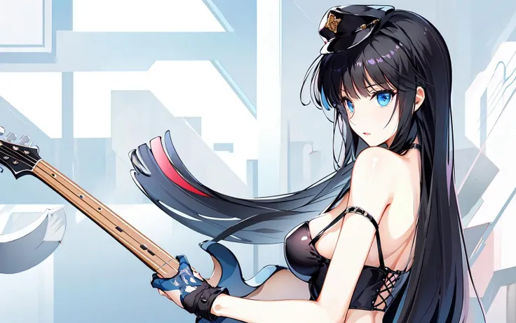 (masterpiece:1.2), best quality,PIXIV,
1girl, solo, instrument, long hair, hat, blue eyes, black hair, guitar, strap slip, breasts, sideboob, bass guitar, bangs, choker, medium breasts
 <lora:Touma Kazusa_20230716214229:1>