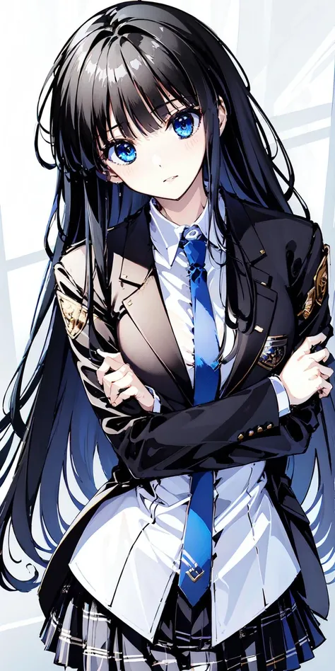 (masterpiece:1.2), best quality,Touma Kazusa,
1girl, long hair, solo, school uniform, black hair, necktie, bangs, jacket, dutch angle, blunt bangs, blazer, looking at viewer,
 <lora:Touma Kazusa_20230716214229:1>