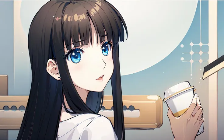 (masterpiece:1.2), best quality,pixiv,
1girl, solo, long hair, black hair, blue eyes, cup, looking back, open mouth, looking at viewer, anime coloring, bangs, hime cut
 <lora:Touma Kazusa_20230716214229:1>
