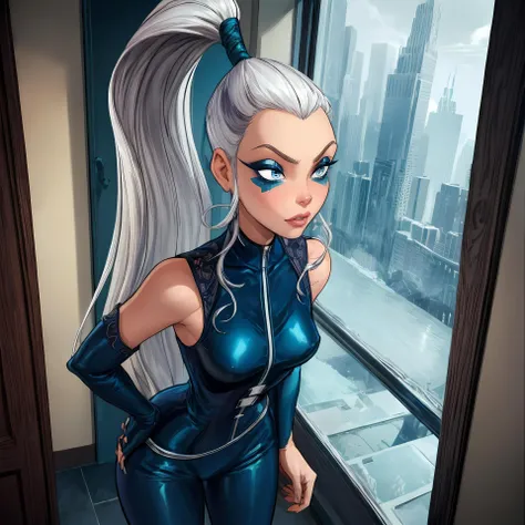 (deep shadow, masterpiece, best quality, intricated details:1.2),1girl,Icy, blue clothes, ponytail white hair, standing knees, indoor, above view, solo, hands on the waist, <lora:WinxClubIcy:0.9>
<lora:add_detail:1>, <lora:add_sharpness:0.25>
