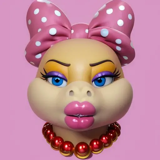 Wendy O. koopa, koopa, high quality, big pink bow with white dots, orange skin with yellow, pink shell with white spikes, pink pearl necklace, black eyebrows, pink lips, from face to stomach, modest bust, blue eyes, freckle on right cheek, sweet smile 