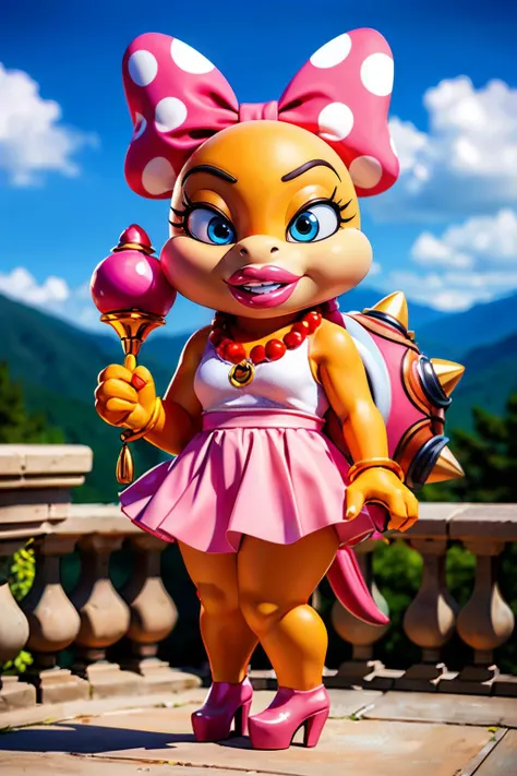 wendy,furry,tail,animal nose, yellow skin,blue eyes,makeup, pink lips, pink turtle shell, polka dot hair bow, necklace, white tank top, pink skirt, heels, looking at viewer, smiling, full body shot, standing holding a scepter, outside, castle balcony, mountains, blue sky, high quality, masterpiece<lora:Wendy-10SMB:.8>