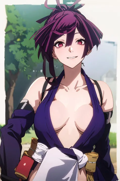 <lora:yuzuriha_v1:0.8>,yuzuriha\(jigokuraku\), japanese_clothes, ninja, 1girl, solo, breasts,cleavage,breasts_focus