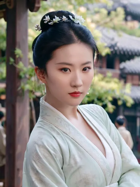 ä¼¤å¦-åäº¦è²,1girl,cleavage,long sleeves,hanfu,looking at viewer,Random background,
photography, highly detailed, sharp focus, trending on artstation, studio photo, intricate details,