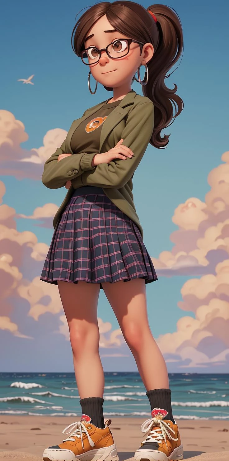 (best quality:1.4),(shiny skin), body focus, (cute face), (((best quality))), illustration, ((Beautiful Finger)), , Beautiful body, Beautiful character design, ,perfect lighting, Colorful, Bright_Front_face_Lighting, ultra high res, highres, absurdres:1.2, bokeh:1.2, lens flare, (vibrant_color:1.2), (Beautiful, medium breasts:1.6), (thick thighs:1.1), THICK,
1girl, <lora:Margo_Gru:1> Brown hair in a low ponytail, rounded glasses, brown eyes, calm expression, silver hoop earrings, olive-green jacket, orange shirt with a graphic design, purple plaid skirt, white-red sneakers, arms crossed, frontal view, (child:1.2), ocean, sand, sun,