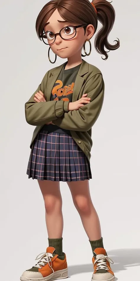 1girl, <lora:Margo_Gru:1> Brown hair in a low ponytail, rounded glasses, brown eyes, calm expression, silver hoop earrings, olive-green jacket, orange shirt with a graphic design, purple plaid skirt, white-red sneakers, arms crossed, frontal view