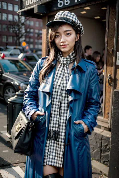 (realistic:1.3), finely detailed, quality, rembrandt lighting, (masterpiece:1.2), (photorealistic:1.2), (best quality), (detailed skin:1.3), (intricate details), dramatic, ray tracing, 1girl, japanese girl, 21 years old, detailed skin texture, (blush:0.5), (goosebumps:0.5), subsurface scattering, smiling, medium breasts, medium hair, bangs, hair between eyes, kumikods, brown hair, cabbie hat, plaid scarf, coat, (blue coat, closed coat:1.3), thigh boots, cowboy shot, (bright sunny day), <lora:zs_Kumiko:1>