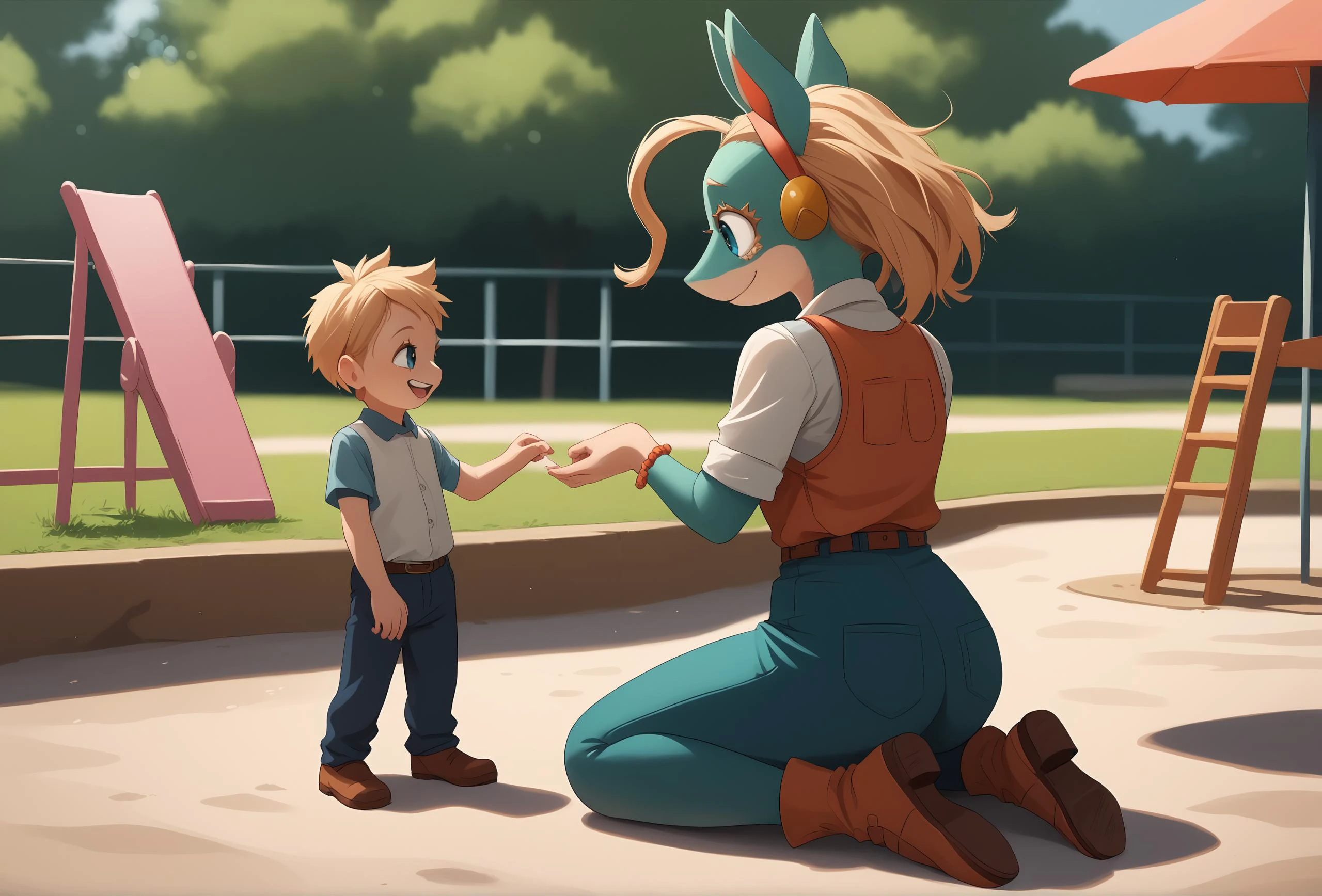 score_9, score_8_up, score_7_up, score_6_up, score_5_up, score_4_up, realistic, outdoors, playground, duo, looking at another, rating_safe, size difference BREAK
<lora:IppanJosei:1> ippan_josei, 1girl, blue skin, large breasts, sitting, laughing BREAK
1boy, , human,