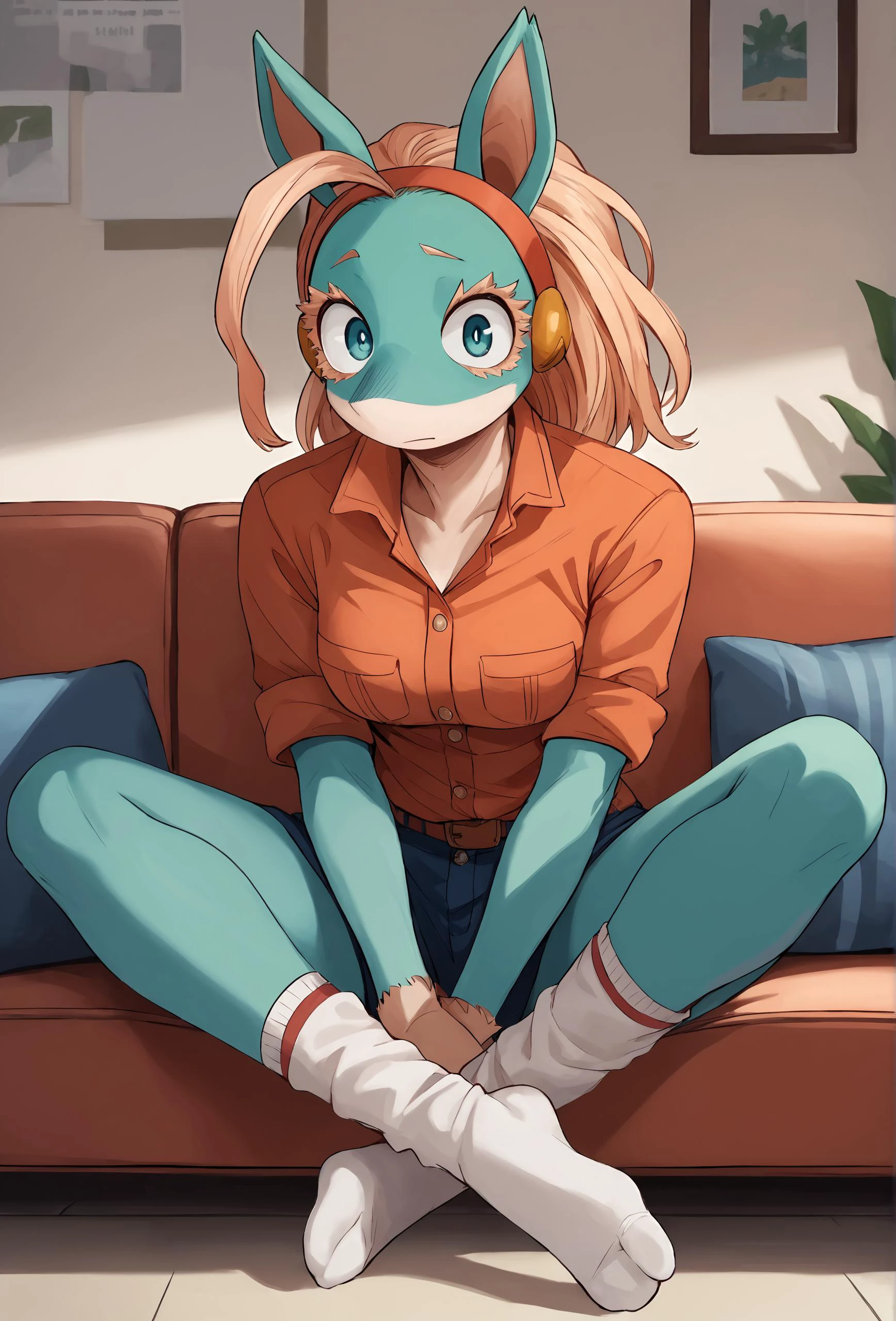 score_9, score_8_up, score_7_up, score_6_up, score_5_up, score_4_up, source_furry, BREAK
<lora:IppanJosei:1> ippan_josei, 1girl, solo, blue skin, two-tone skin, looking at viewer, medium breasts, full body, sitting, couch, socks