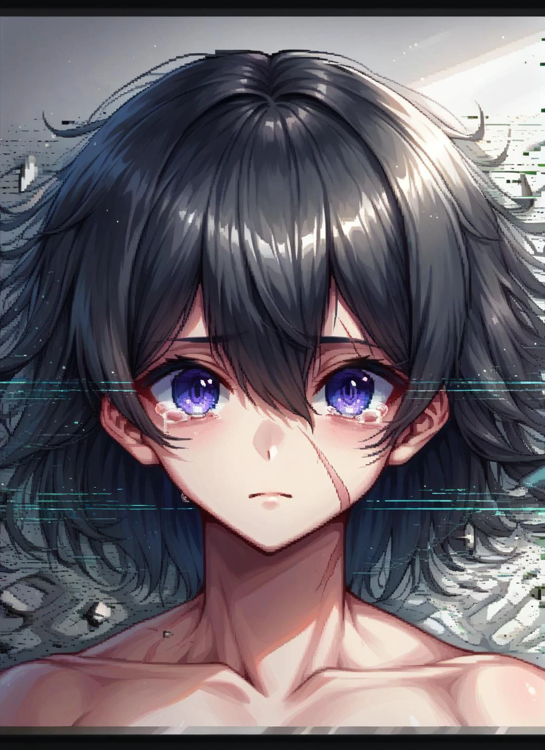 score_9,score_8_up,score_7_up,score_6_up,score_5_up,score_4_up 1girl,solo,looking at viewer,bangs,blue eyes,black hair,hair between eyes,purple eyes,tears,eyelashes,scar,letterboxed,portrait,scar on face,close-up,cracked skin,eye focus,<lora:GlitchingXL:0.8>, glitch,glitching,,<lora:pixel:0.8>, pixelart,pixel,