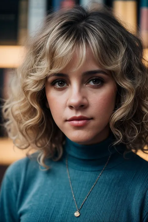 photo of beautiful (stn1cks:0.99), a young woman with perfect ((curly)) blonde hair, wearing Fluorescent Blue (Boatneck Top, Pleated Shorts:1.1),  (library:1.1), closeup, (happy) modelshoot style, (extremely detailed CG unity 8k wallpaper), professional majestic photography, (Leica M6 Camera), 24mm, exposure blend, hdr, faded, extremely intricate, High (Detail:1.1), Sharp focus, dramatic, soft cinematic light, (looking at viewer), (detailed pupils), 4k textures, elegant, ((((cinematic look)))), soothing tones, insane details, hyperdetailed, low contrast, (epicPhoto)