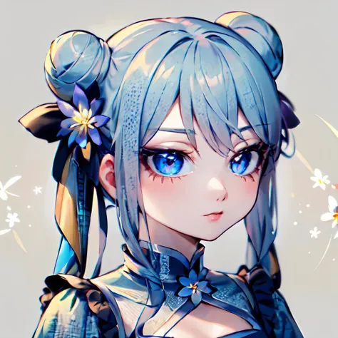 ((masterpiece)), (((best quality))), 
tsurime, 1girl, solo, long_hair, looking_at_viewer, bangs, hair_ornament, dress, ribbon, twintails, closed_mouth, blue_hair, hair_ribbon, flower, sidelocks, hair_flower, hair_bun, double_bun, expressionless, white_flower, portrait
<lora:tsurime-000005:1>