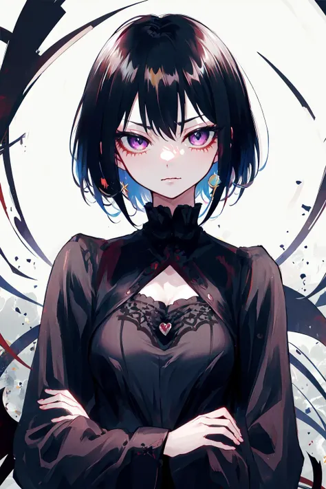 ((masterpiece)), (((best quality))), (sfw),
1girl, upper body, small breasts, gothic, short hair, evil smile, closed mouth, callmaichi, tsurime,
<lora:tsurime-000004:0.7>