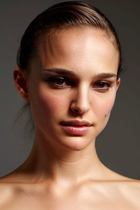 portrait of young skswoman, topless, slick hair, oiled skin, grey background, (tilted angle,tilted head pose:1.1),
<lora:Natalie Portman:1>