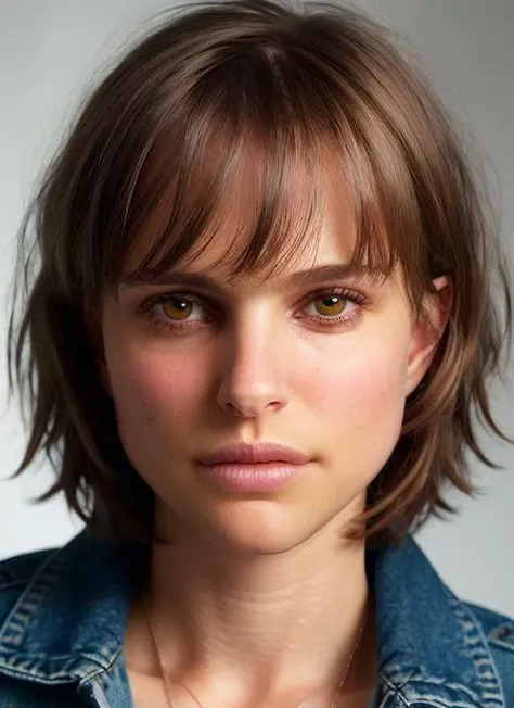portrait of skswoman, ashamed , wearing jeans , with Wispy bangs , background office epic (photo, studio lighting, hard light, sony a7, 50 mm, matte skin, pores, colors, hyperdetailed, hyperrealistic), <lyco:Natalie Portman:1.2>