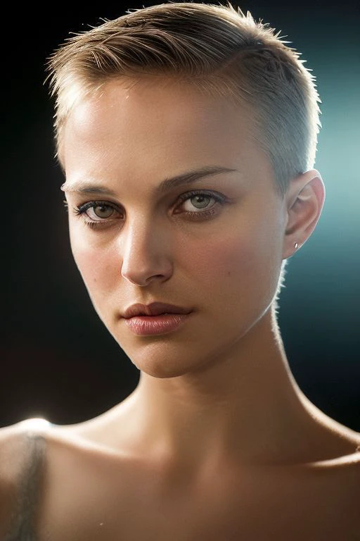 full color photography of skswoman, undercut hair, oiled shiny skin, (dutch angle, tilted angle:1.2),
masterpiece, best quality, sharp focus, 8k highres, ultra-detailed, rim light, (grey background:1.0),
<lora:Natalie Portman:1>