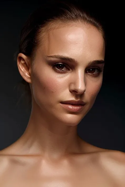 portrait of young skswoman, topless, slick hair, oiled skin, grey background, (tilted angle,tilted head pose:1.1), rim light,
<lora:Natalie Portman:1>