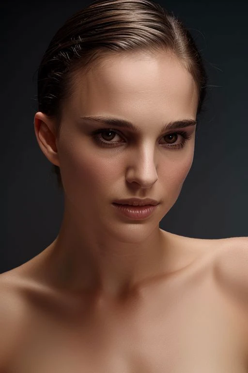 portrait of young skswoman, topless, slick hair, oiled skin, grey background,
<lora:Natalie Portman:1>