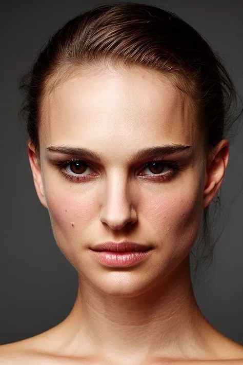 portrait of young skswoman, topless, slick hair, oiled skin, grey background, (dutch angle, tilted angle:1.0),
<lora:Natalie Portman:1>