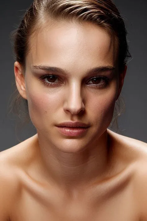 portrait of young skswoman, topless, slick hair, oiled skin, grey background, (dutch angle, tilted angle:1.0),
 <lora:Natalie Portman:1>