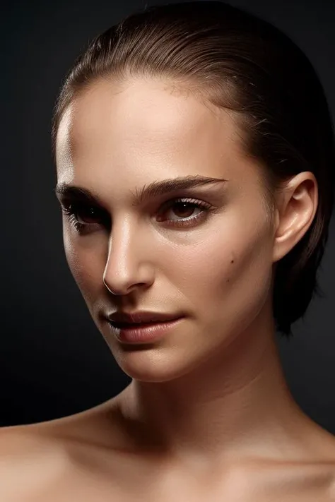 portrait of young skswoman, topless, slick hair, oiled skin, grey background,
 <lora:Natalie Portman:1>