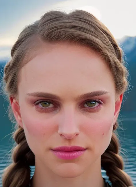 portrait of skswoman, regretful , wearing couture , with Braids , background frozen lakeside epic (photo, studio lighting, hard light, sony a7, 50 mm, matte skin, pores, colors, hyperdetailed, hyperrealistic), <lyco:Natalie Portman:1.2>