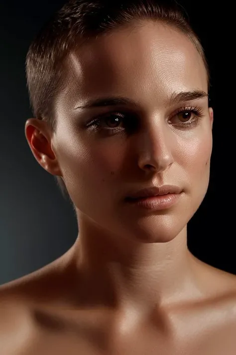 portrait of young skswoman, topless, slick hair, oiled skin, grey background, (dutch angle, tilted angle:1.1),
 <lora:Natalie Portman:1>