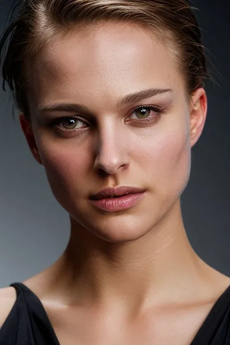 full color photography of skswoman, slick hair, oiled shiny skin, (dutch angle, tilted angle:1.1),
masterpiece, best quality, sharp focus, 8k highres, ultra-detailed, rim light, (grey background:1.0),
<lora:Natalie Portman:1.0>