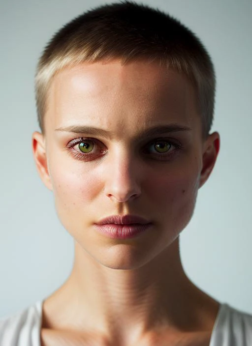 portrait of skswoman, frightened , wearing custom-made , with Asymmetrical haircut , background kitchen epic (photo, studio lighting, hard light, sony a7, 50 mm, matte skin, pores, colors, hyperdetailed, hyperrealistic), <lyco:Natalie Portman:1.2>