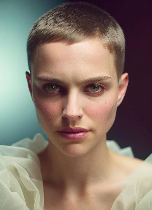 portrait of skswoman, miserable , wearing organza , with Shag haircut , background prison epic (photo, studio lighting, hard light, sony a7, 50 mm, matte skin, pores, colors, hyperdetailed, hyperrealistic), <lyco:Natalie Portman:1.1>