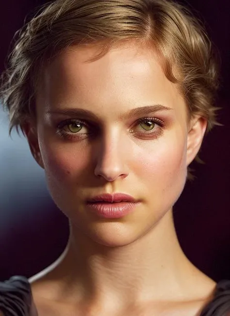 portrait of skswoman, contempt , wearing prom dress , with Pixie cut , background prison epic (photo, studio lighting, hard light, sony a7, 50 mm, matte skin, pores, colors, hyperdetailed, hyperrealistic), <lyco:Natalie Portman:1.2>