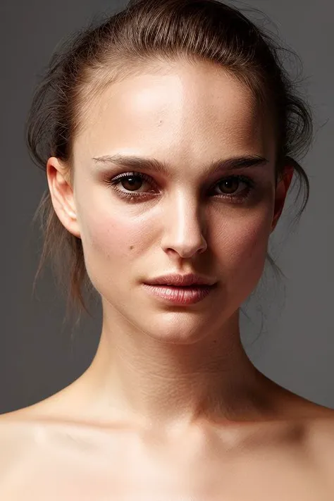 portrait of young skswoman, topless, slick hair, oiled skin, grey background, (tilted angle,tilted head pose:1.1),
<lora:Natalie Portman:1>