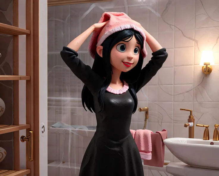 (Masterpiece, best quality:1.4), 8k, (top quality), (Centered), (ultra-detailed portrait), hyperrealistic, (3d), coralinefilm, (stop motion), cgi, animated, ((cinematic)), <lora:coraline-08:0.8>, (1girl), solo, bottle, day, sunlight, floating particles, black hair, towel dress, towel on head, arms up, hands above head, standing in shower, bathroom, tile wall, mirror, towel, indoors, long sleeves, long hair, red lips, , bathroom, smile, indoors, vase, nail polish,  wet, [steam:0.3], window, (black eyes), solo,  perfect hands, red nails, fantastic composition, (volumetric lighting), (shiny:1.1), ((intricate details, hyperdetailed)), shadow, ((blurry background)), (deep depth of field:1.3), sharp focus, beautiful, (dreamy, soft lighting:1.3), (dynamic), ((extremely detailed background))