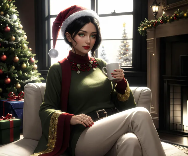 (Masterpiece, best quality, highest resolution, best quality:1.2), 8k, ultra-detailed wallpaper, top quality, (coralinefilm), mid shot, cowboy shot, (stop motion:1.1), cg unity wallpaper, 3d, cgi, animated, ((cinematic)), <lora:coraline-08:0.8>, (black hair), green eyes, (shiny:1.3), 1girl, adult, mature female, (detailed eyes, shiny eyes), solo, (looking at viewer:1.2), smirk, red lips, holding a steamy cup, sitting on couch, relaxed pose, leaning back, crossed legs, red nails, perfect female figure,  (merry, excited:1.1), (christmas), cozy living room, tinsel, enchanting official artwork, intricate details, fireplace, volumetric lighting, night, (best shadow), atmosphere, colorful, sidelighting, (((extremely detailed))), (red and green theme:1.1), ((dark)), (indoors), [glitter, shimmer], (shiny), madgod, <lora:MADGOD-10:0.3>, bokeh, scenery, can't be this cute, (deep depth of field:1.5), rug, plantlife, window, (festive decorations:1.1), stocking hanging from mantel, gift box, (christmas lights), winter, (snowflakes:1.1) gently falling outside the window, [glowing:0.5], raytracing, blending, (((perfect composition))