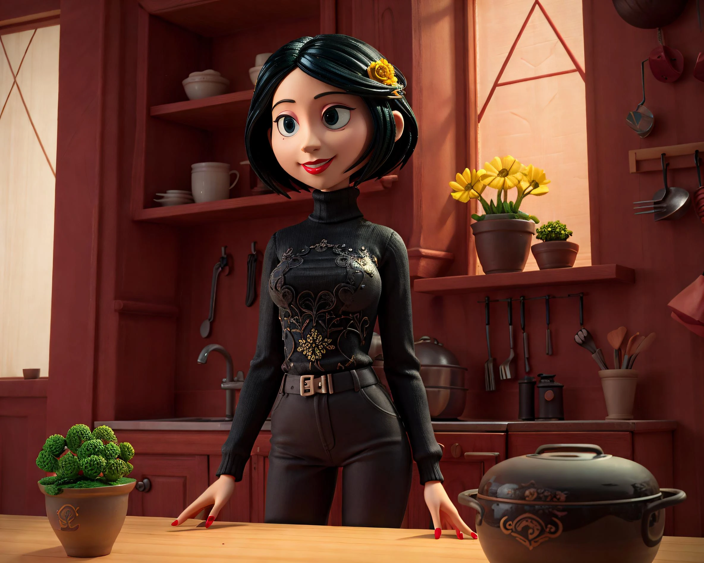 (Masterpiece, best quality:1.4), 8k, (top quality), (Centered), (ultra-detailed portrait), hyperrealistic, (3d), coralinefilm, (stop motion), cgi, animated, ((cinematic)), <lora:coraline-08:0.9>, (1girl), solo, bottle, night, bowl, yellow flower, black hair, turtleneck, long sleeves, short hair, red lips, mole, kitchen, smile, holding, flower, indoors, vase, nail polish, plant, window, potted plant, cooking, (indoors), pants, (black eyes), solo, red nails, fantastic composition, (volumetric lighting), (shiny:1.1), ((intricate details, hyperdetailed)), shadow, ((blurry background)), (deep depth of field:1.3), sharp focus, beautiful, (dreamy, soft lighting:1.3), (dynamic), ((extremely detailed background)), <lora:add_detail:0.4>